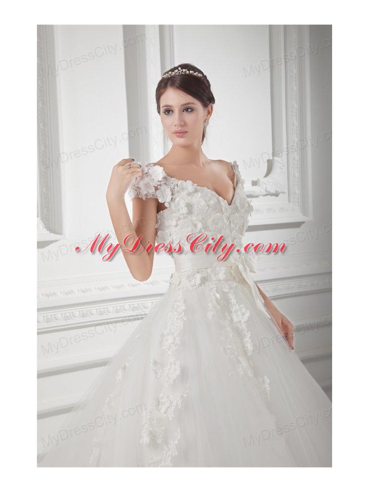 Romantic A-line V-neck Wedding Dress with Appliques and Embroidery