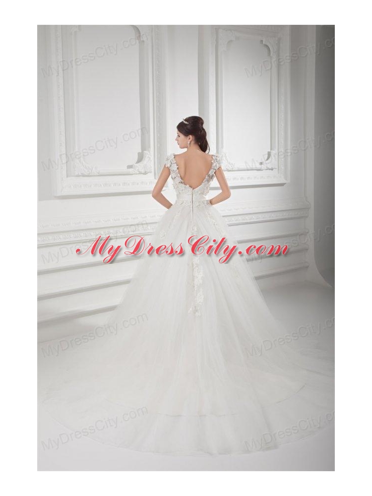 Romantic A-line V-neck Wedding Dress with Appliques and Embroidery