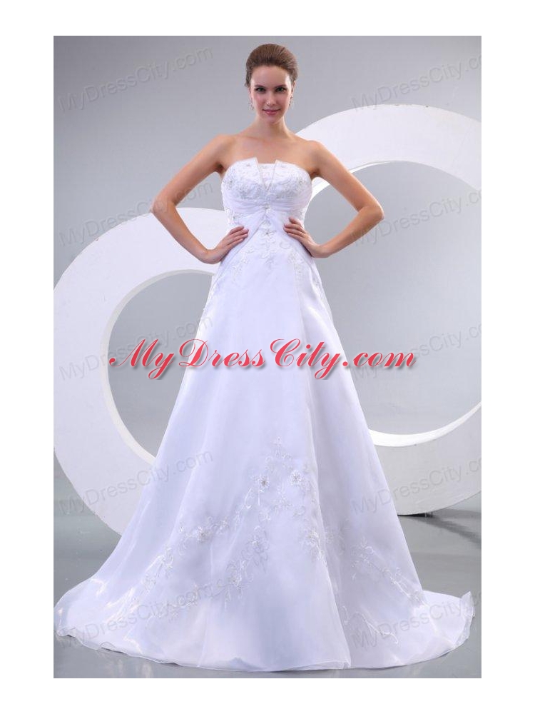 Strapless A-line Sweep Train Wedding Dress with Appliques and Beading