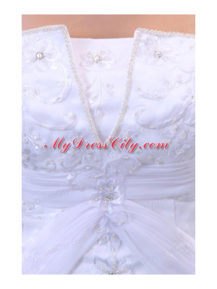 Strapless A-line Sweep Train Wedding Dress with Appliques and Beading