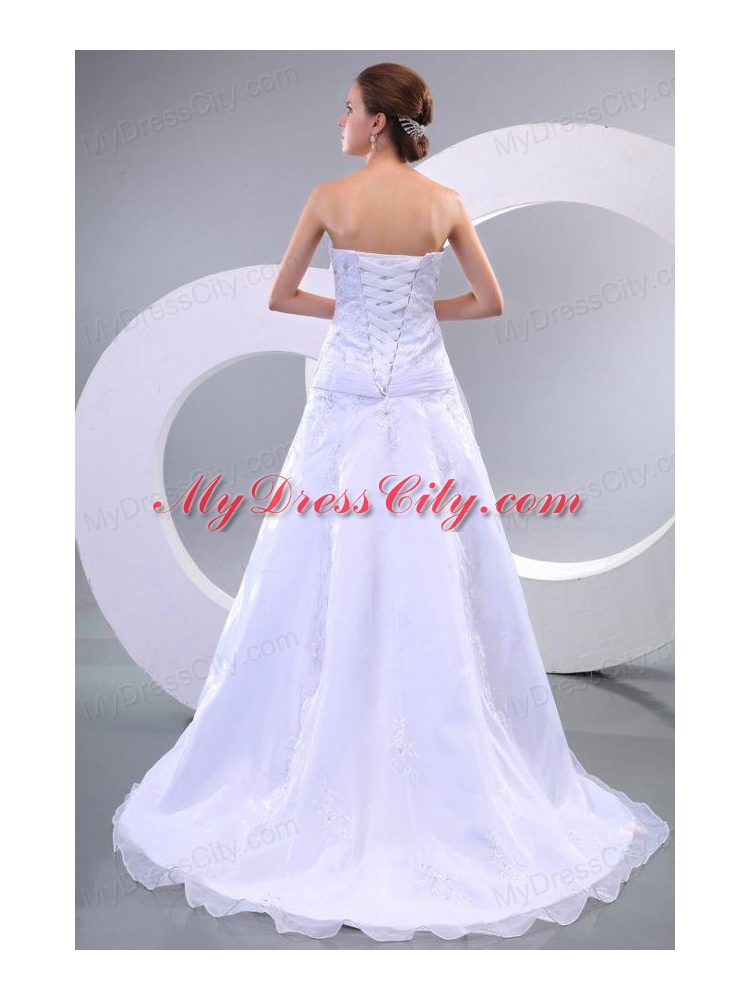 Strapless A-line Sweep Train Wedding Dress with Appliques and Beading