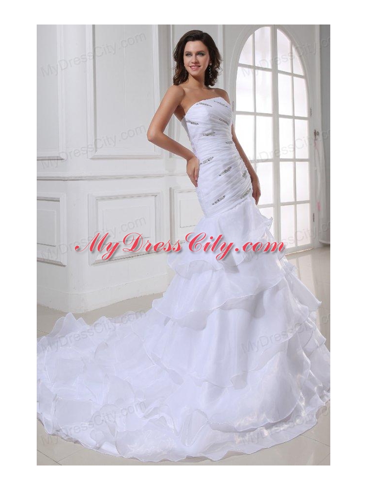 Strapless Beading and Ruffles Layered Organza Wedding Dress