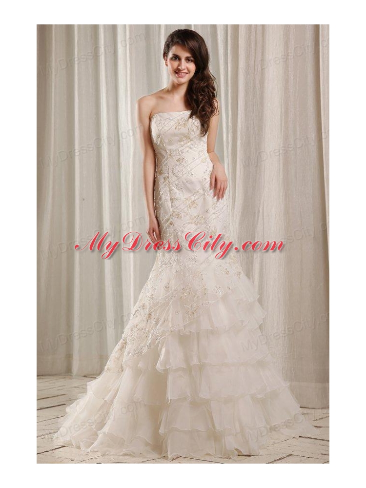 Strapless Mermaid Embroidery and Ruffles Court Train Wedding Dress