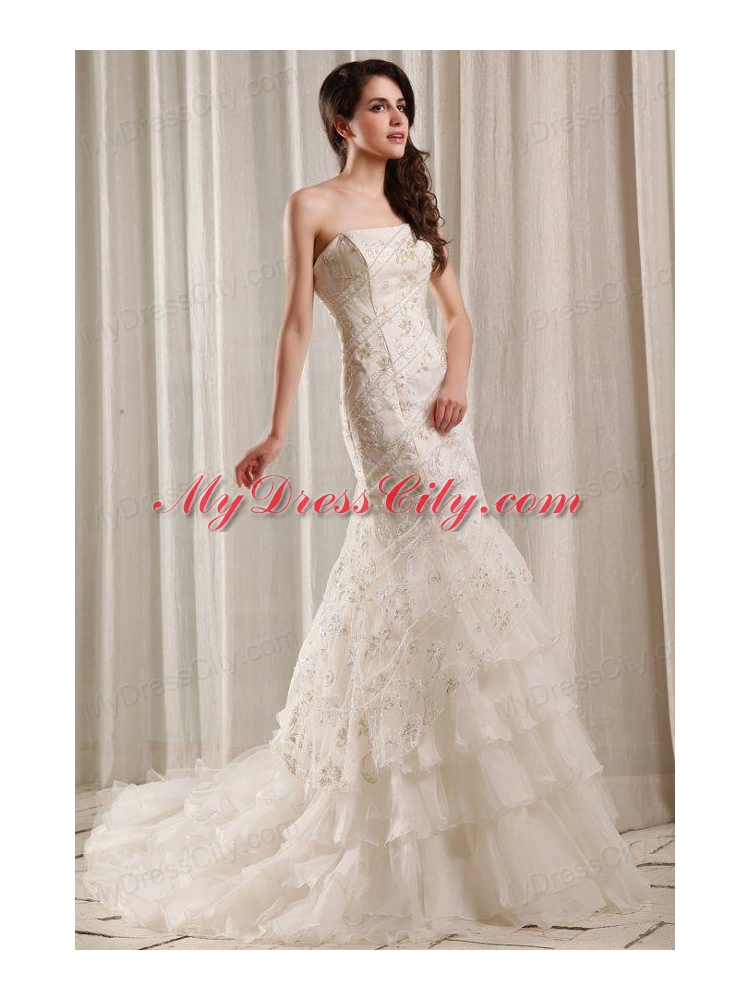 Strapless Mermaid Embroidery and Ruffles Court Train Wedding Dress