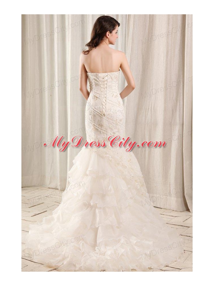 Strapless Mermaid Embroidery and Ruffles Court Train Wedding Dress