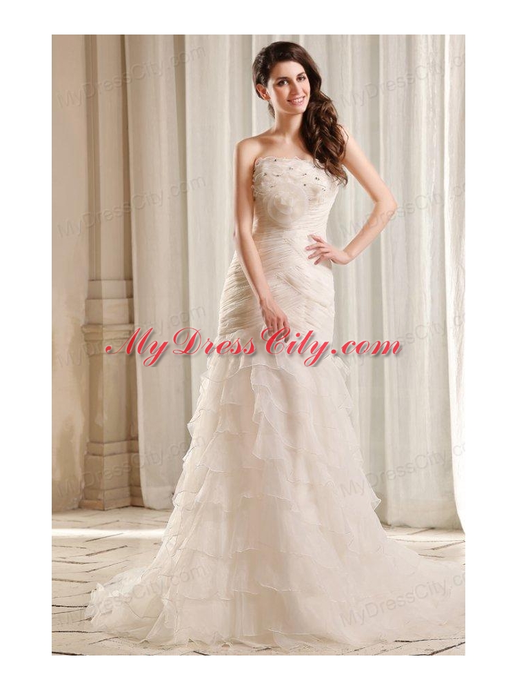 Strapless Mermaid Embroidery and Ruffles Court Train Wedding Dress