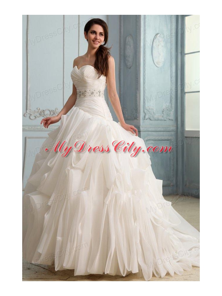 Sweetheart Beaded Decorate Waist Organza Wedding Dress with Ruffles