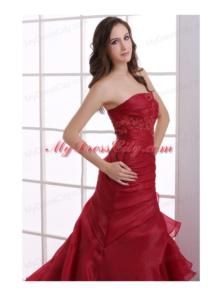 Wine Red Court Train Wedding Dress with Appliques and Ruffles