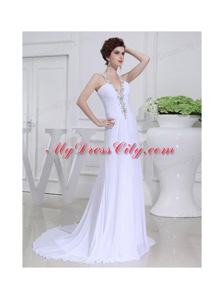 2014 Column V-neck Chiffon Beading Wedding Dress with Sweep Train