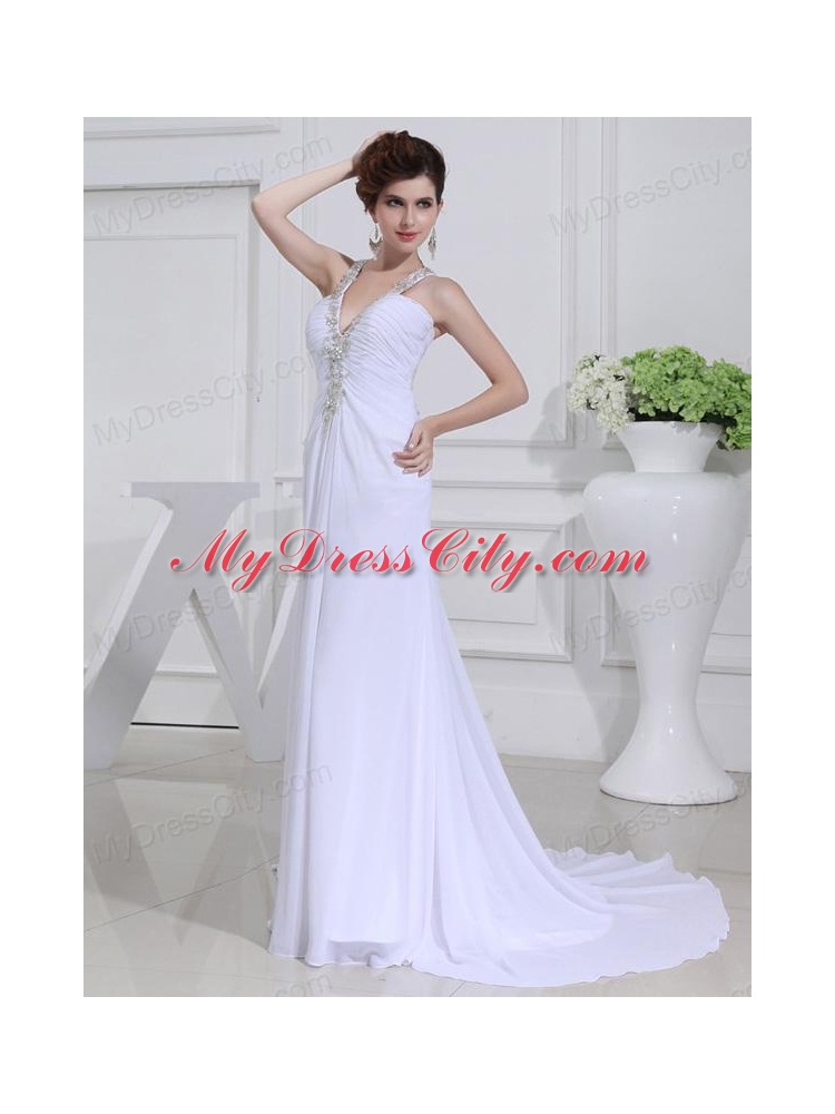 2014 Column V-neck Chiffon Beading Wedding Dress with Sweep Train