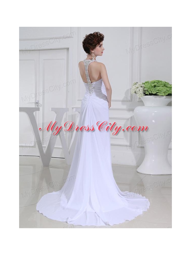 2014 Column V-neck Chiffon Beading Wedding Dress with Sweep Train