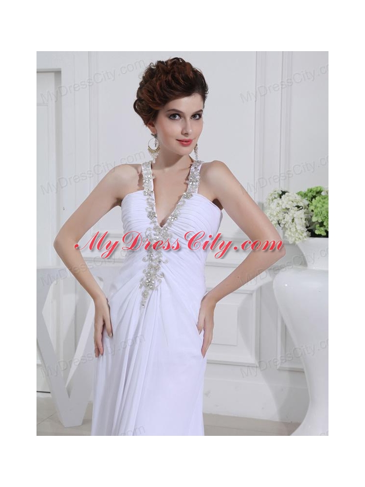 2014 Column V-neck Chiffon Beading Wedding Dress with Sweep Train