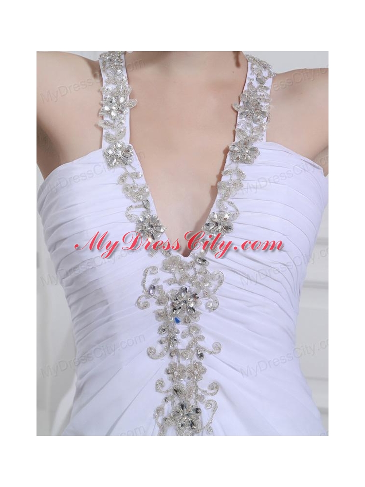 2014 Column V-neck Chiffon Beading Wedding Dress with Sweep Train