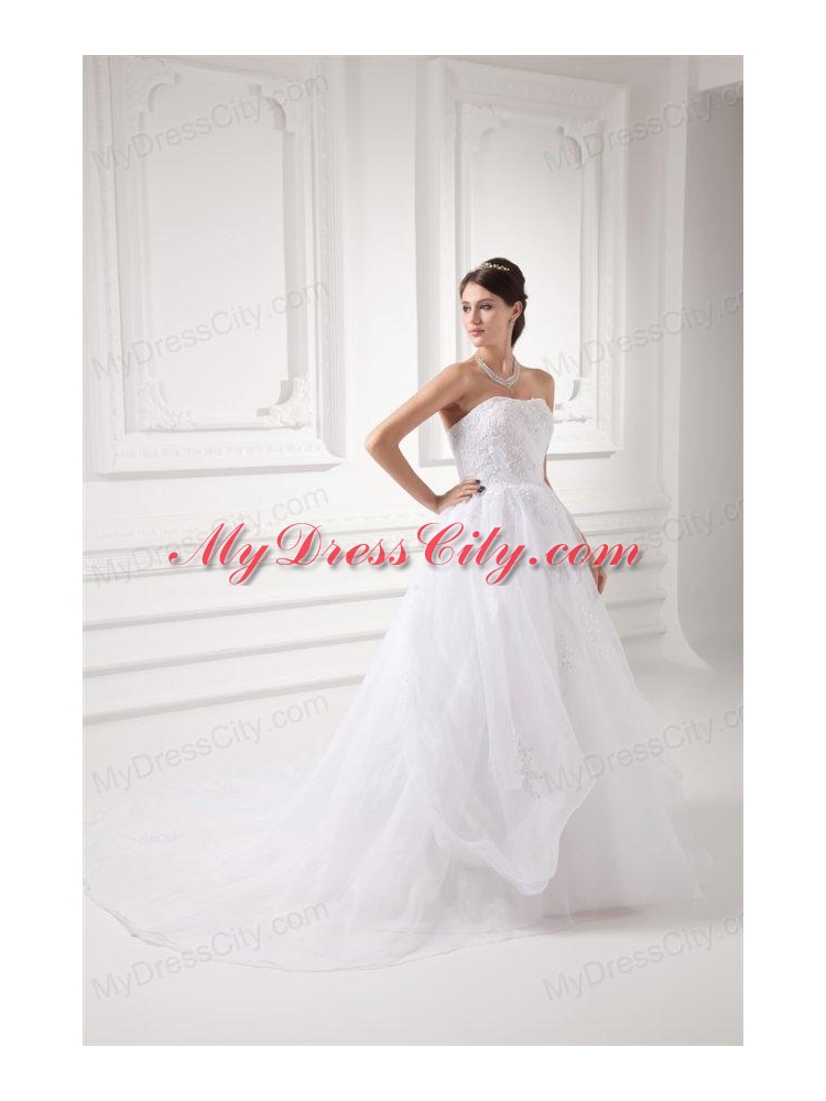 A-line Strapless Appliques Pick-ups Organza Chapel Train Wedding Dress