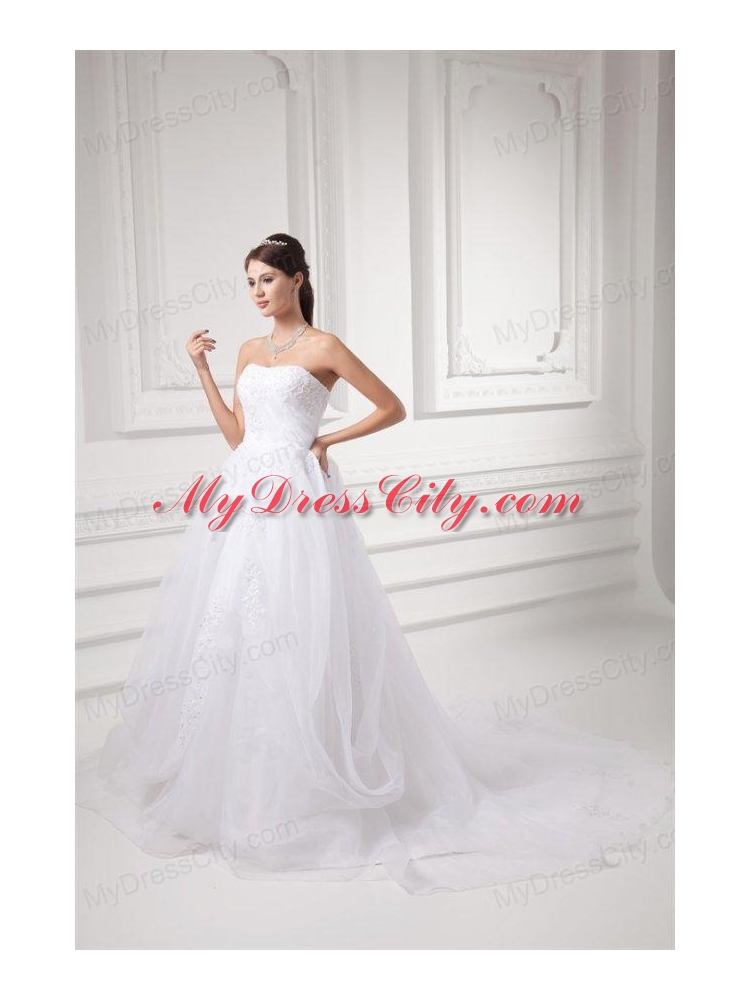 A-line Strapless Appliques Pick-ups Organza Chapel Train Wedding Dress