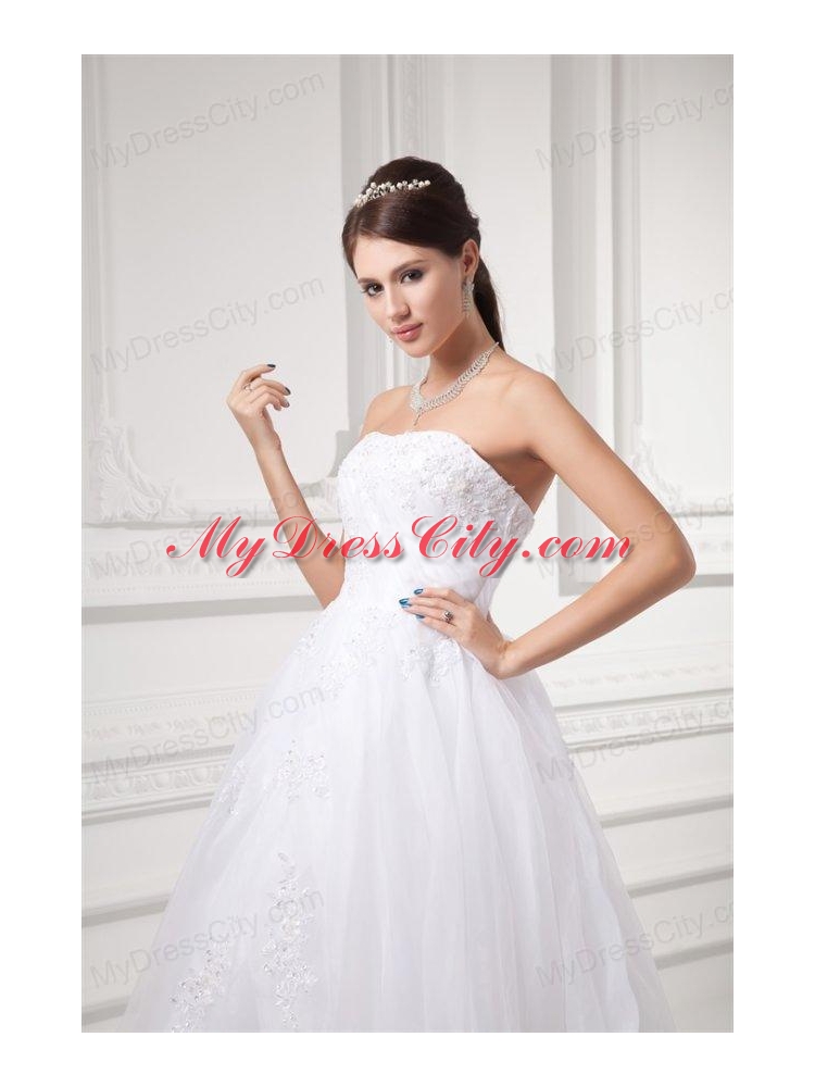 A-line Strapless Appliques Pick-ups Organza Chapel Train Wedding Dress