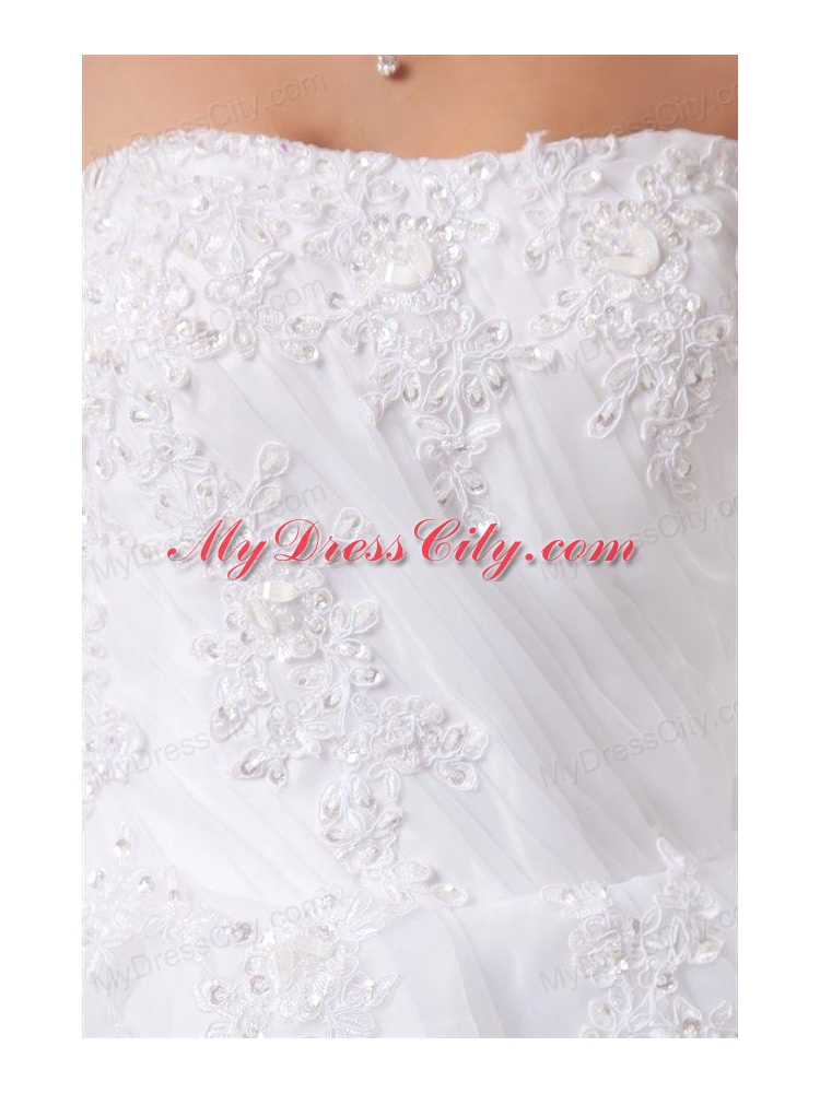 A-line Strapless Appliques Pick-ups Organza Chapel Train Wedding Dress