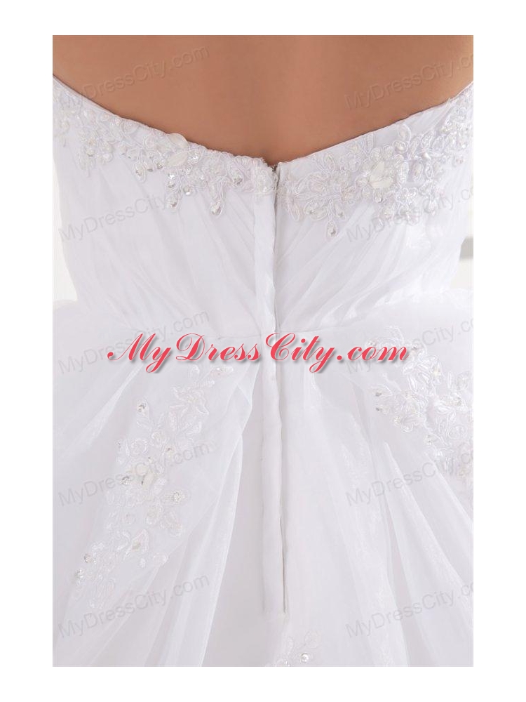 A-line Strapless Appliques Pick-ups Organza Chapel Train Wedding Dress