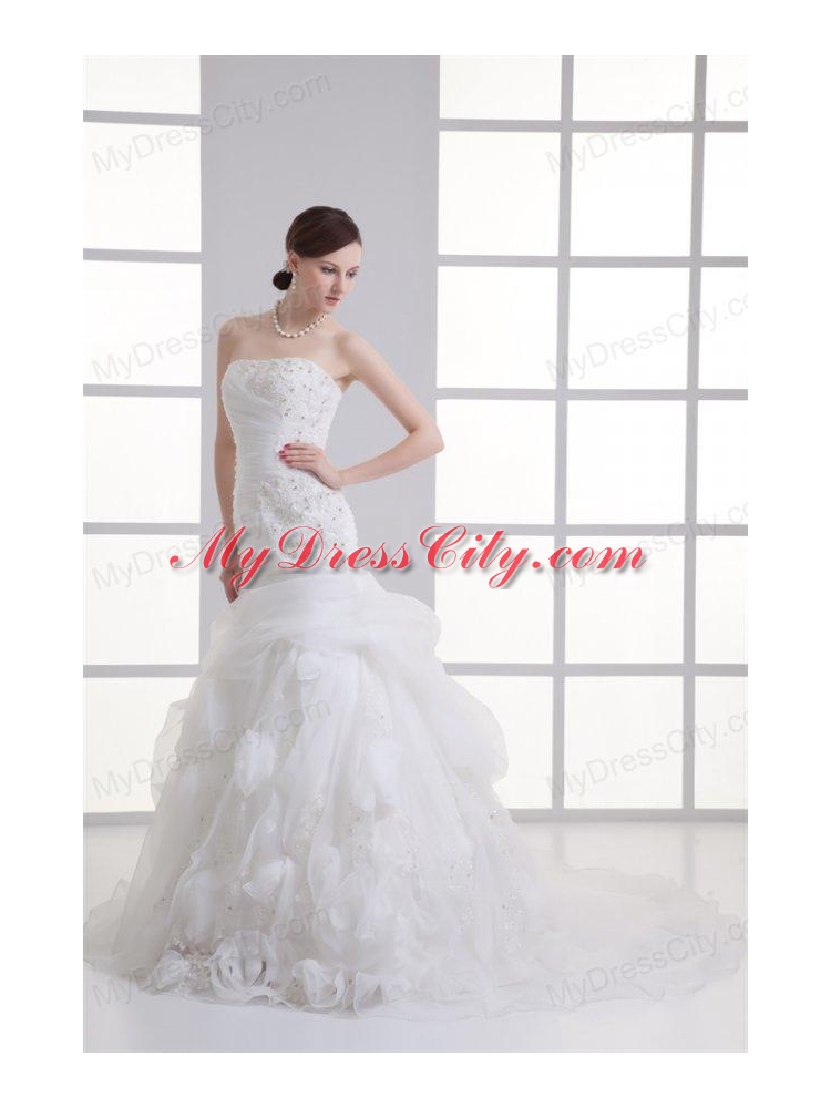 A-line Strapless Hand Made Flowers Pick-ups Appliques Wedding Dress