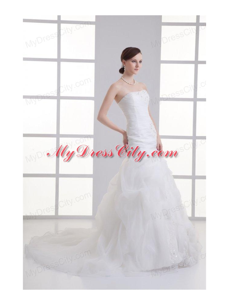 A-line Strapless Hand Made Flowers Pick-ups Appliques Wedding Dress