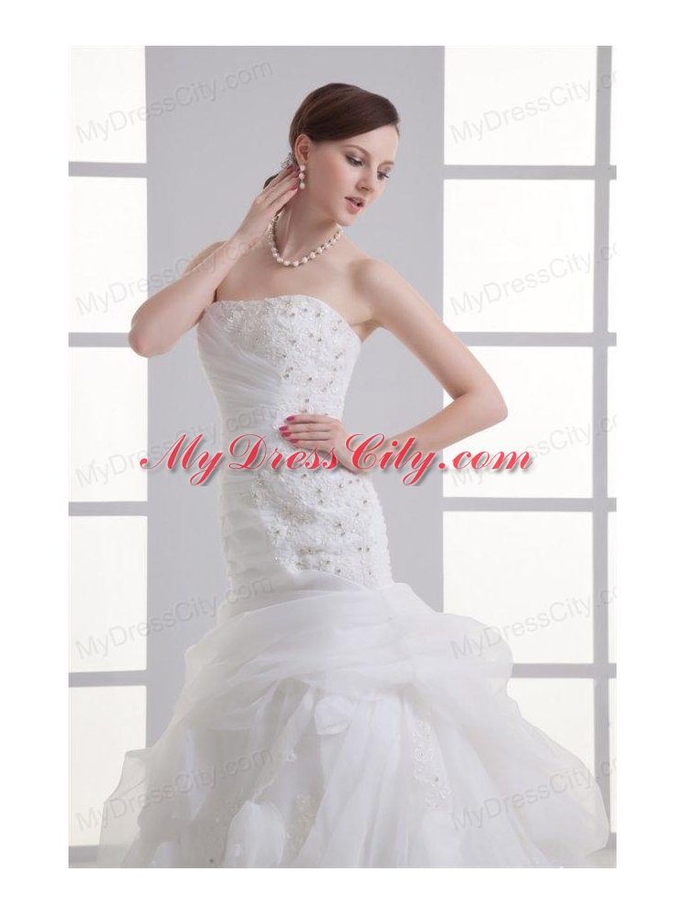 A-line Strapless Hand Made Flowers Pick-ups Appliques Wedding Dress