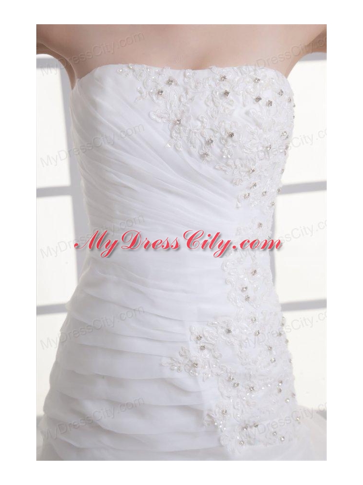 A-line Strapless Hand Made Flowers Pick-ups Appliques Wedding Dress