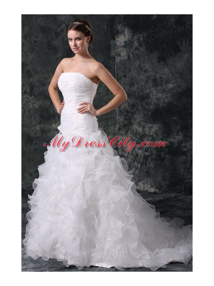 A-line Strapless Organza Wedding Dress with Flower and Ruffles Layered