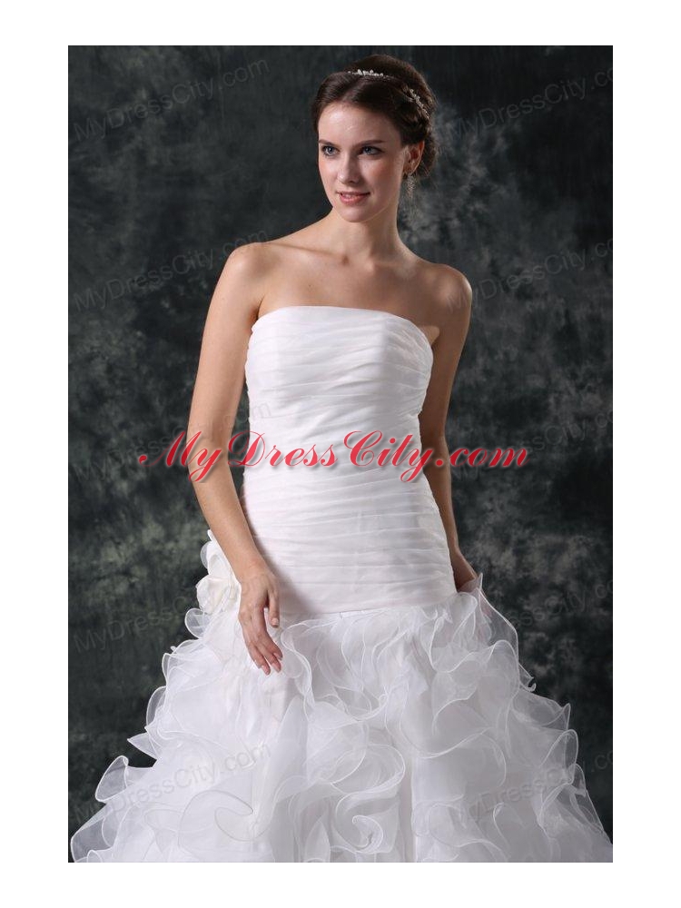 A-line Strapless Organza Wedding Dress with Flower and Ruffles Layered