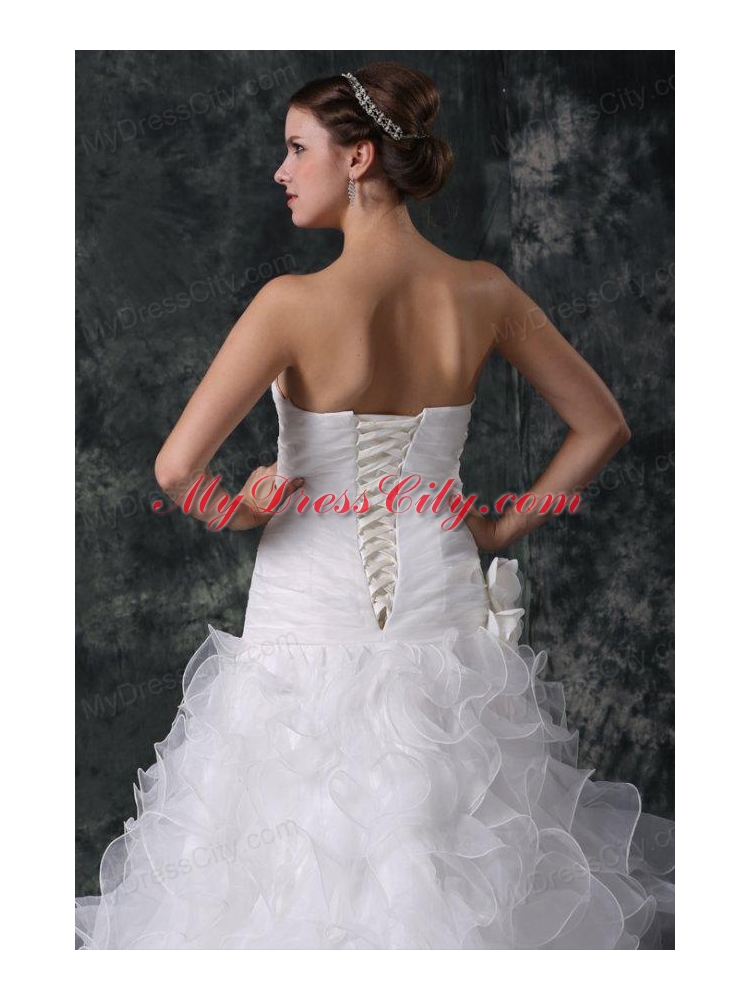 A-line Strapless Organza Wedding Dress with Flower and Ruffles Layered