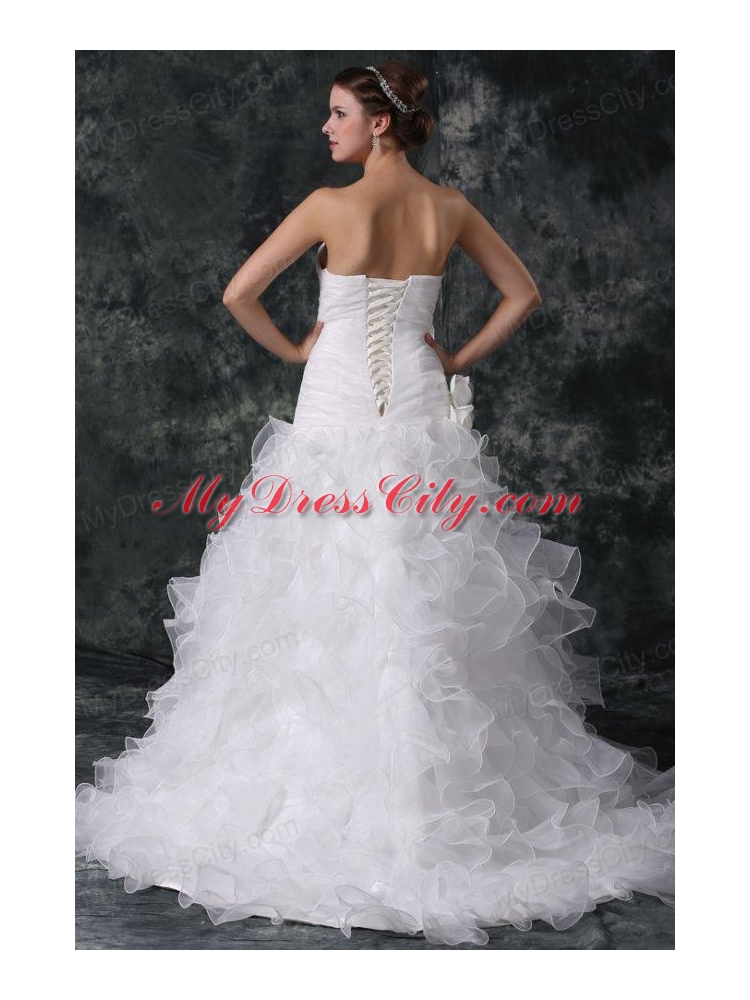 A-line Strapless Organza Wedding Dress with Flower and Ruffles Layered