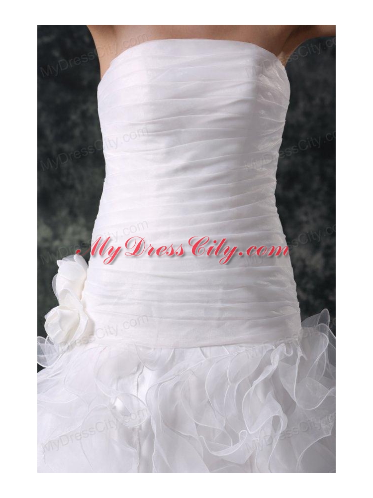 A-line Strapless Organza Wedding Dress with Flower and Ruffles Layered