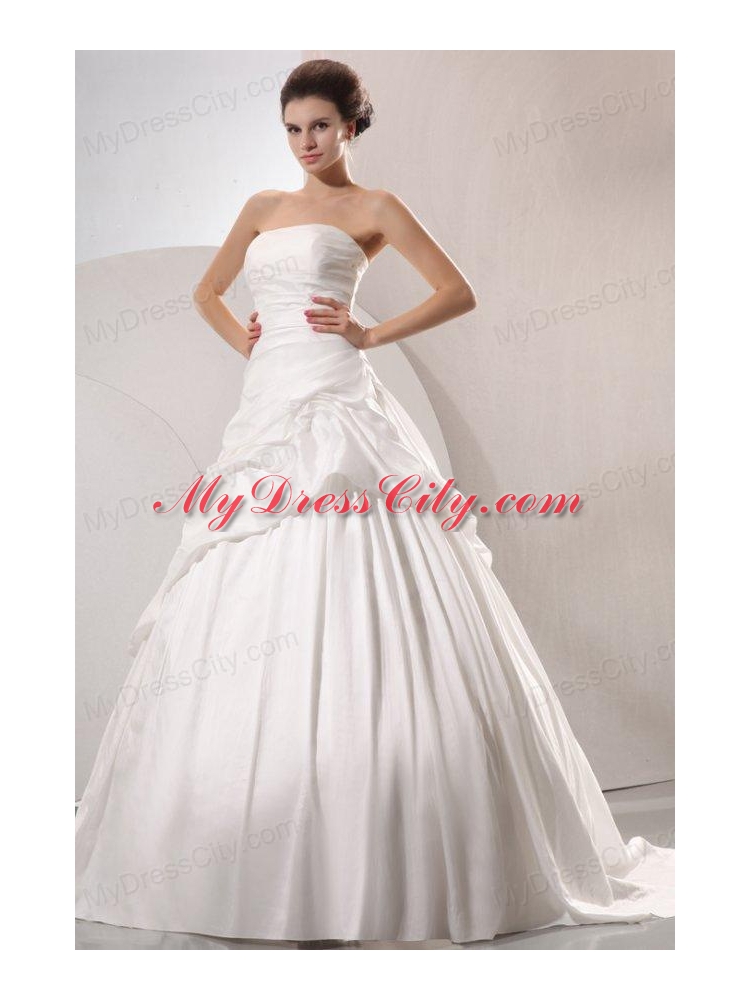 A-line Strapless Taffeta Court Train Wedding Dress with Pick-ups