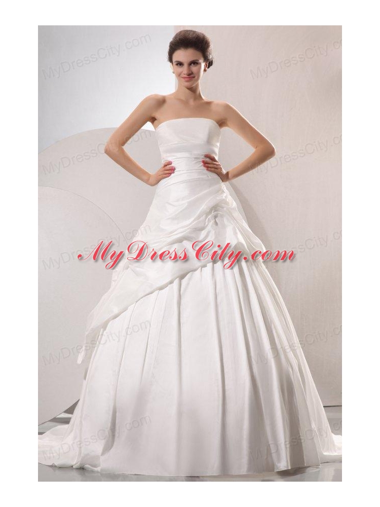 A-line Strapless Taffeta Court Train Wedding Dress with Pick-ups