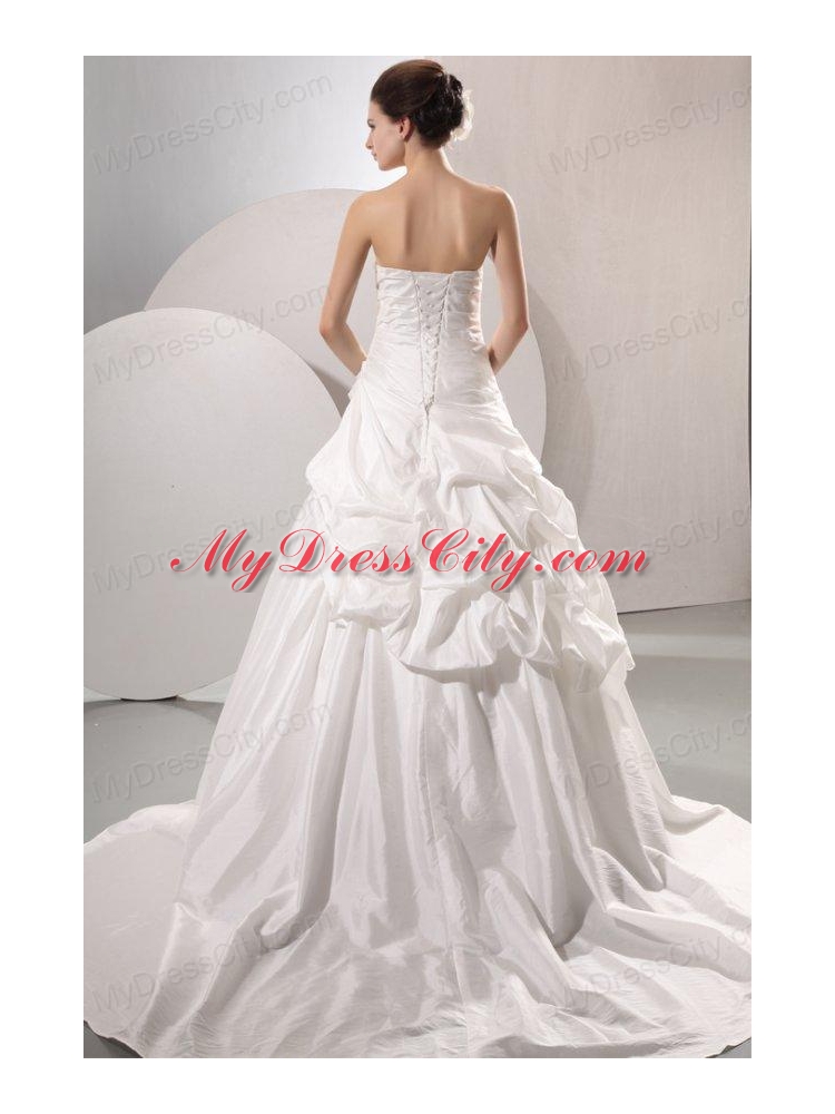 A-line Strapless Taffeta Court Train Wedding Dress with Pick-ups