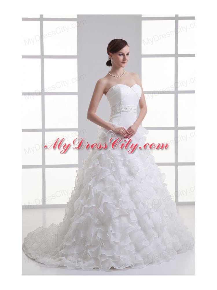 A-line Sweetheart Ruffled Layers Beading Organza Court Train Wedding Dress