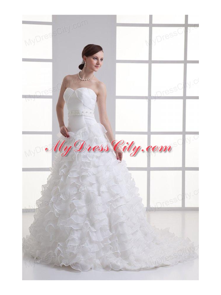 A-line Sweetheart Ruffled Layers Beading Organza Court Train Wedding Dress