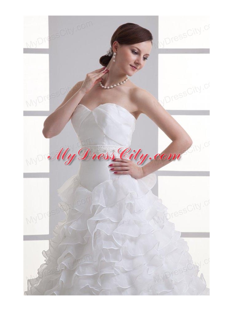 A-line Sweetheart Ruffled Layers Beading Organza Court Train Wedding Dress