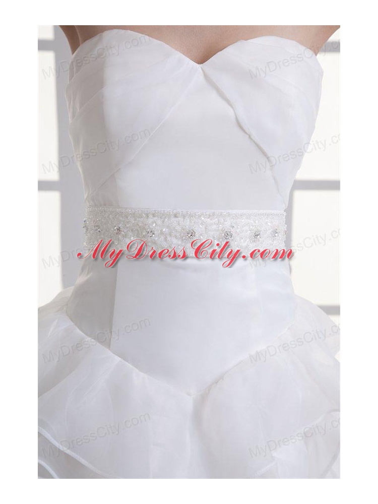 A-line Sweetheart Ruffled Layers Beading Organza Court Train Wedding Dress