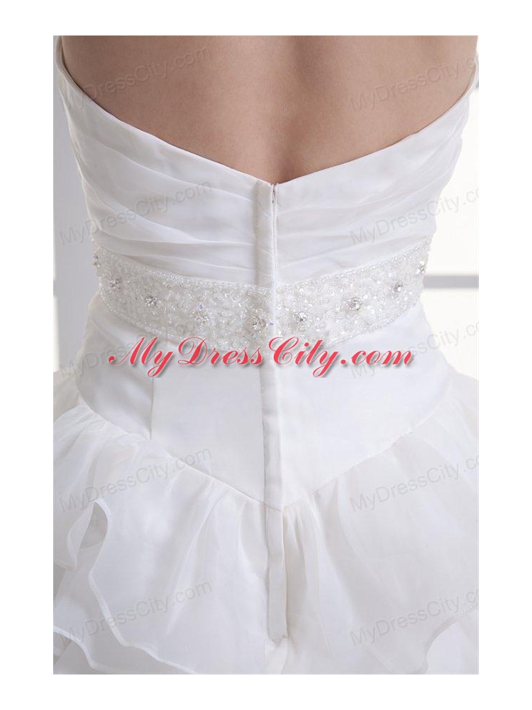 A-line Sweetheart Ruffled Layers Beading Organza Court Train Wedding Dress