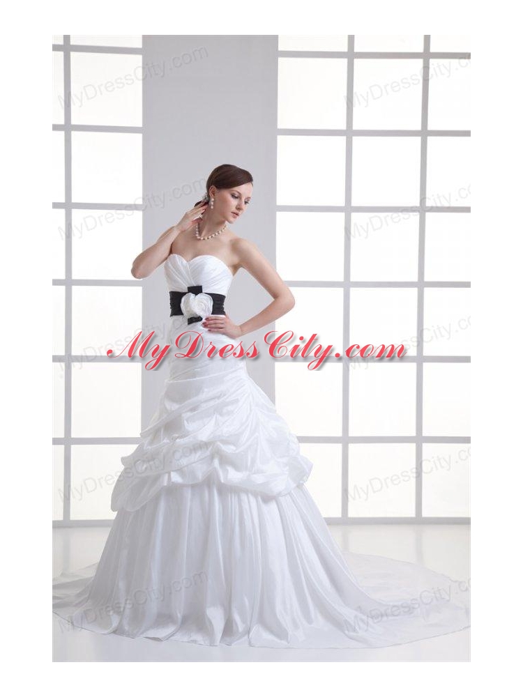 A-line Sweetheart Sash Pick-ups Ruching Court Train Wedding Dress