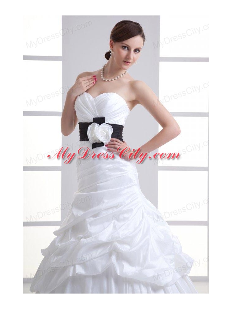 A-line Sweetheart Sash Pick-ups Ruching Court Train Wedding Dress