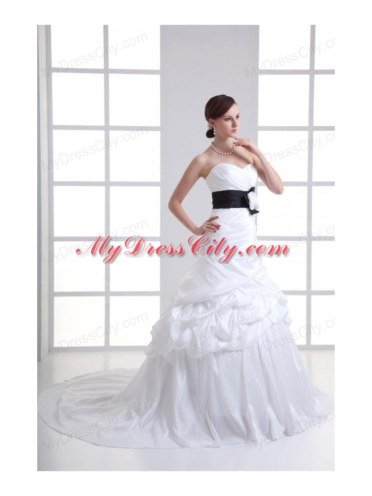 A-line Sweetheart Sash Pick-ups Ruching Court Train Wedding Dress