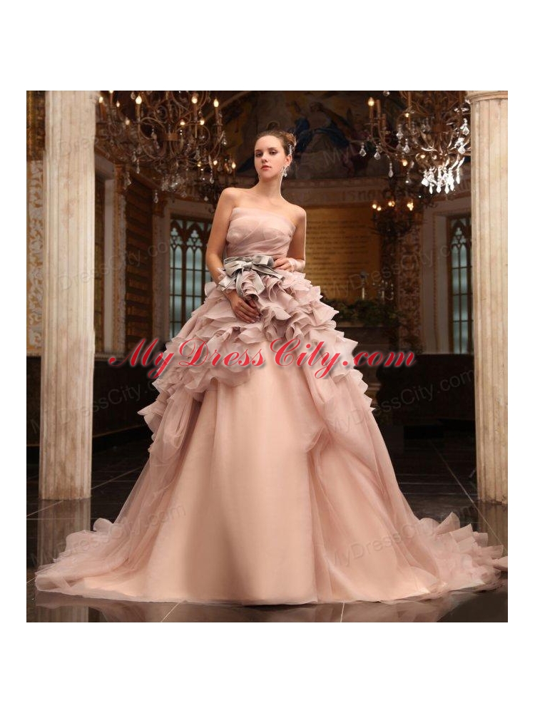 Ball Gown Strapless Champagne Ruffles Organza Wedding Dress with Court Train