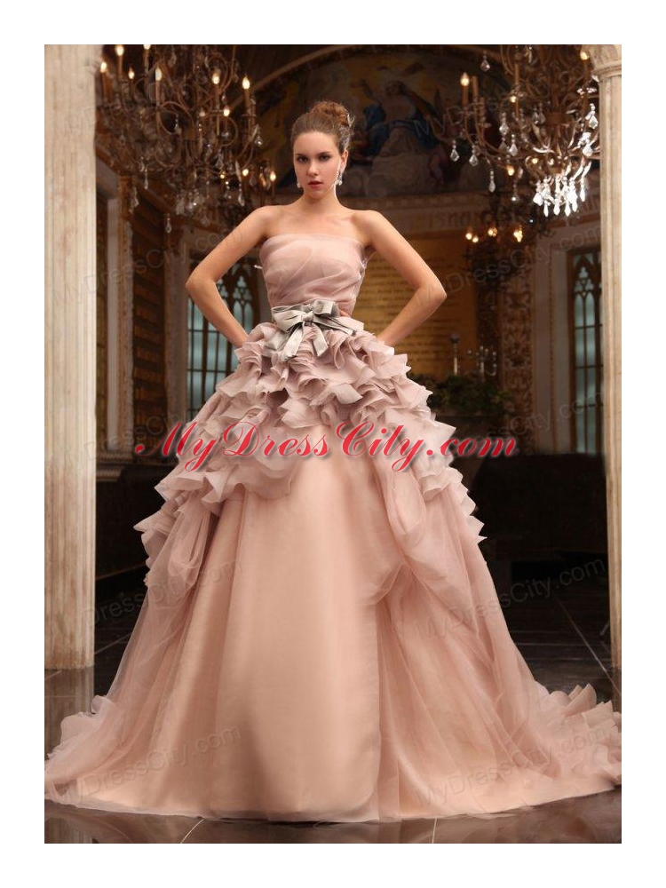 Ball Gown Strapless Champagne Ruffles Organza Wedding Dress with Court Train