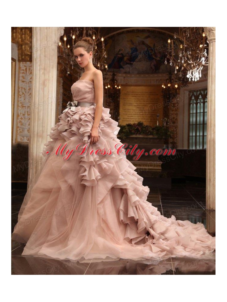 Ball Gown Strapless Champagne Ruffles Organza Wedding Dress with Court Train