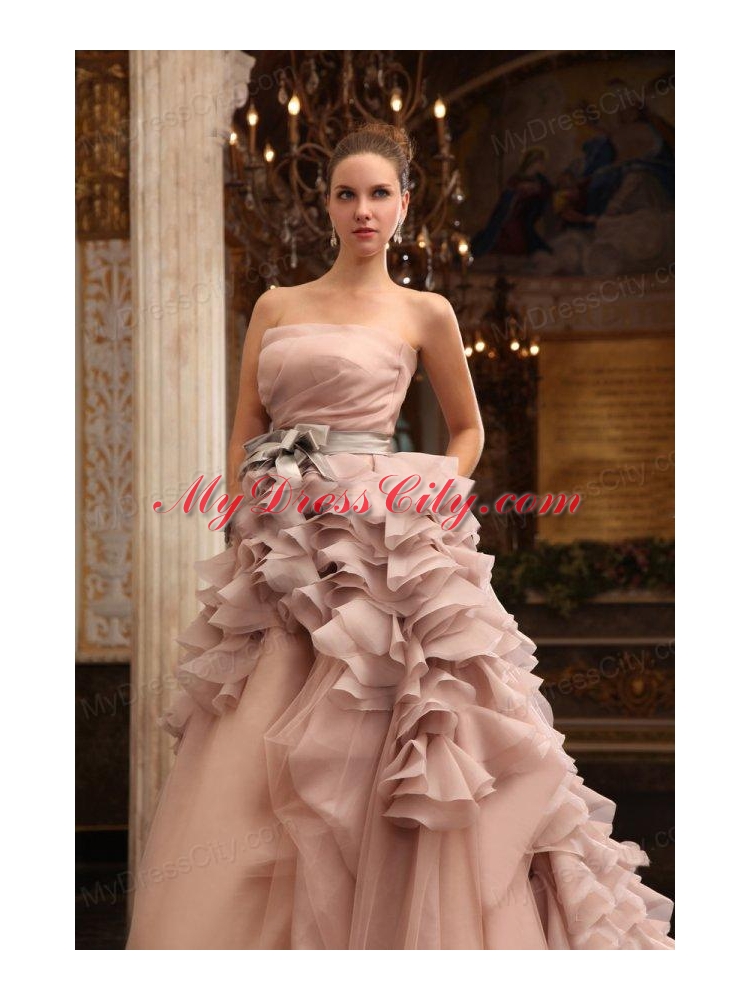 Ball Gown Strapless Champagne Ruffles Organza Wedding Dress with Court Train