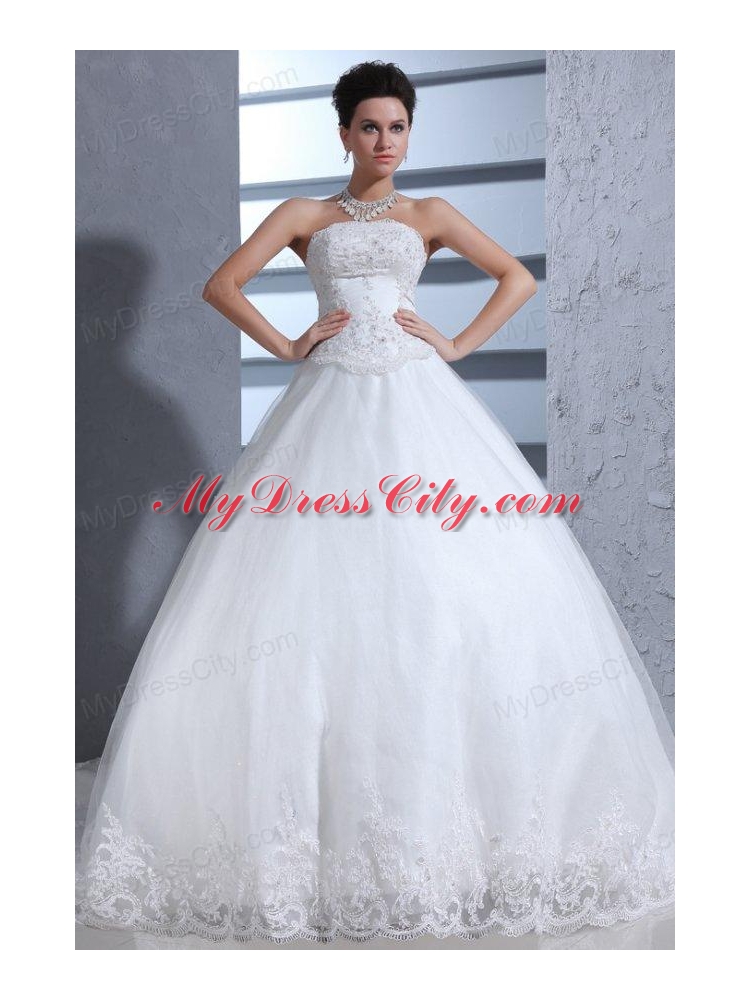 Ball Gown Strapless Lace Appliques Wedding Dress with Chapel Train