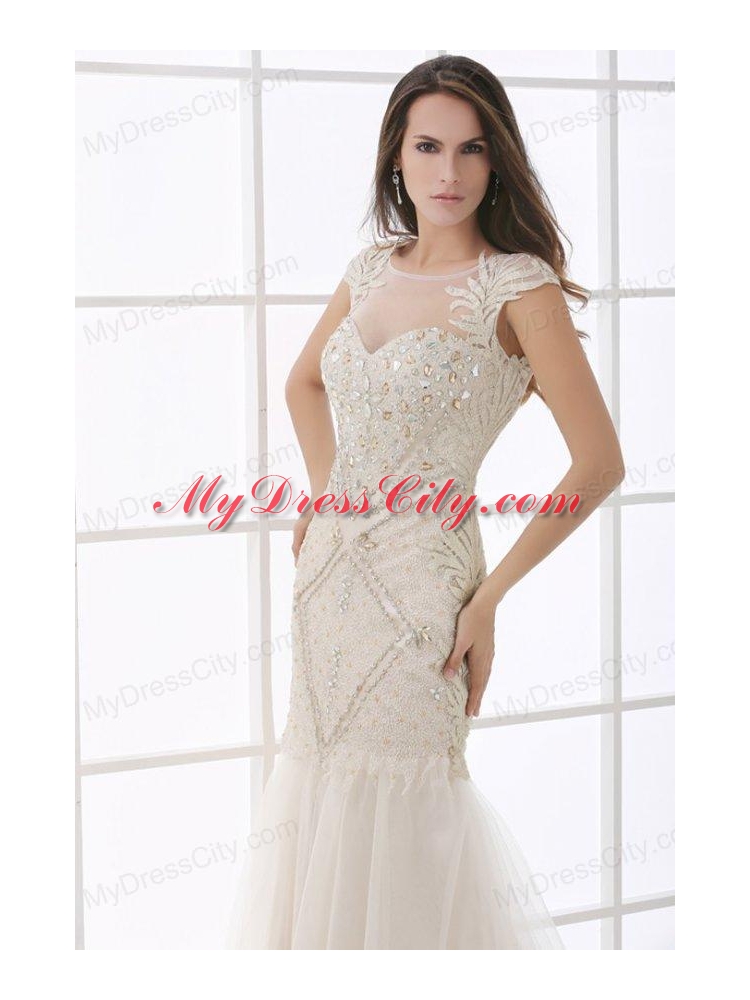 Champagne Scoop Cap Sleeves Beading Brush Train Wedding Dress