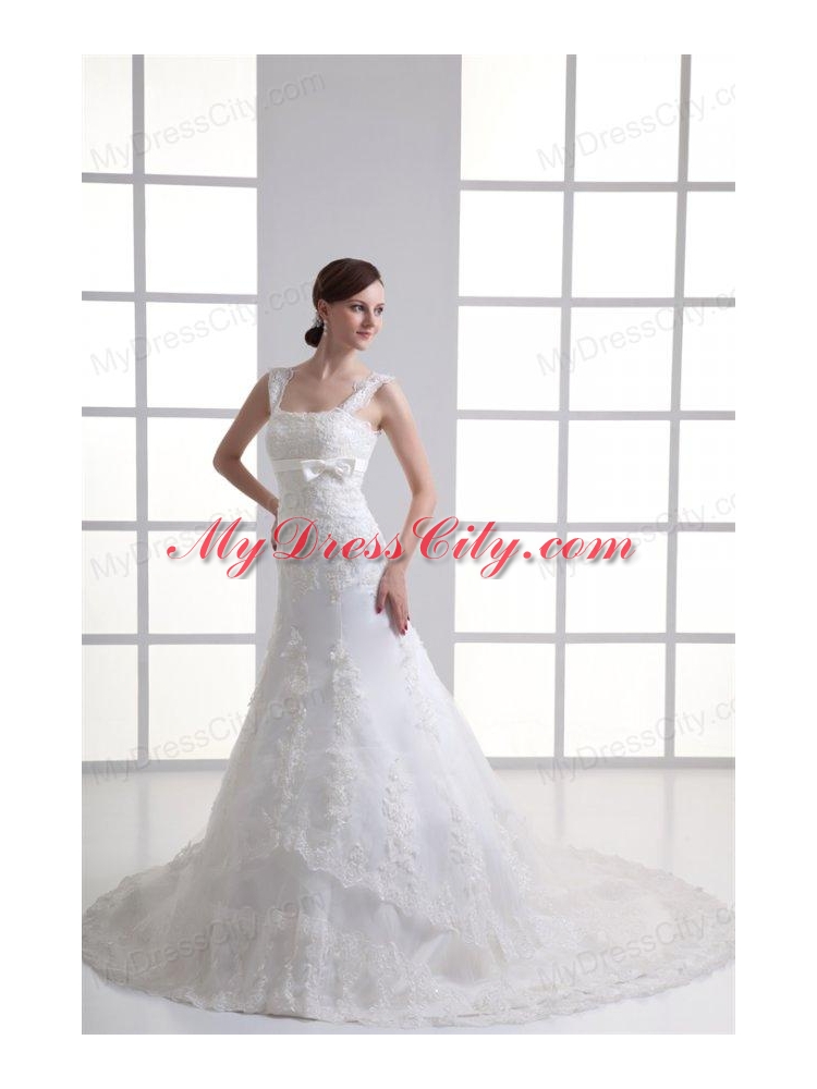 Column Straps Appliques Lace Wedding Dress with Chapel Train