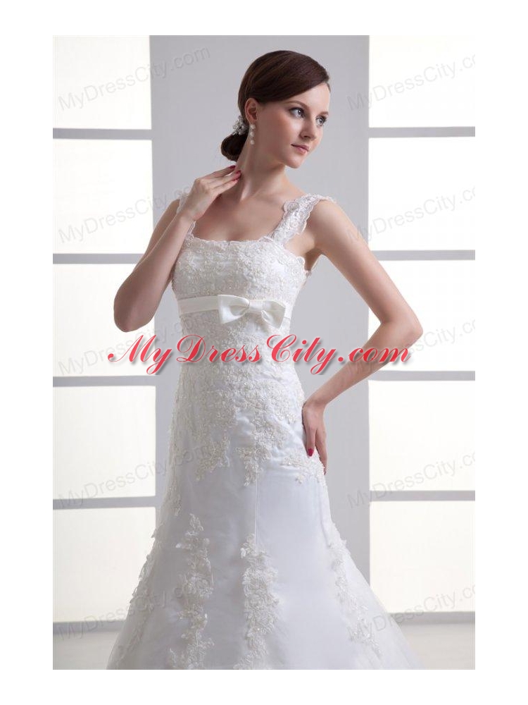 Column Straps Appliques Lace Wedding Dress with Chapel Train